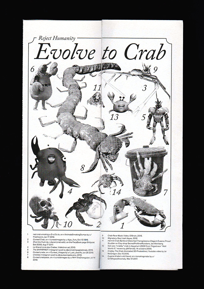 composition de plusieurs photomontages en noir et blanc représentant des crabes bizarres surmonté du titre Reject humanity, Evolve to Crab